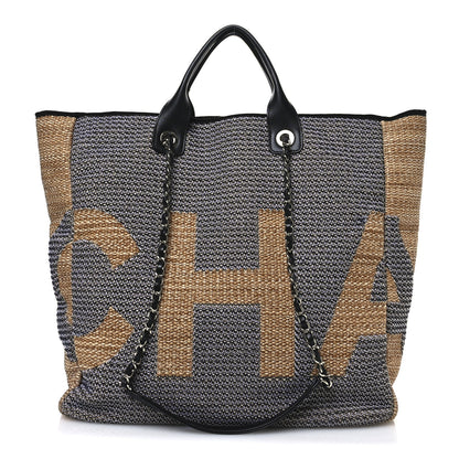 Chanel Woven Straw Raffia Logo Tote Blue Beige 1 of 12