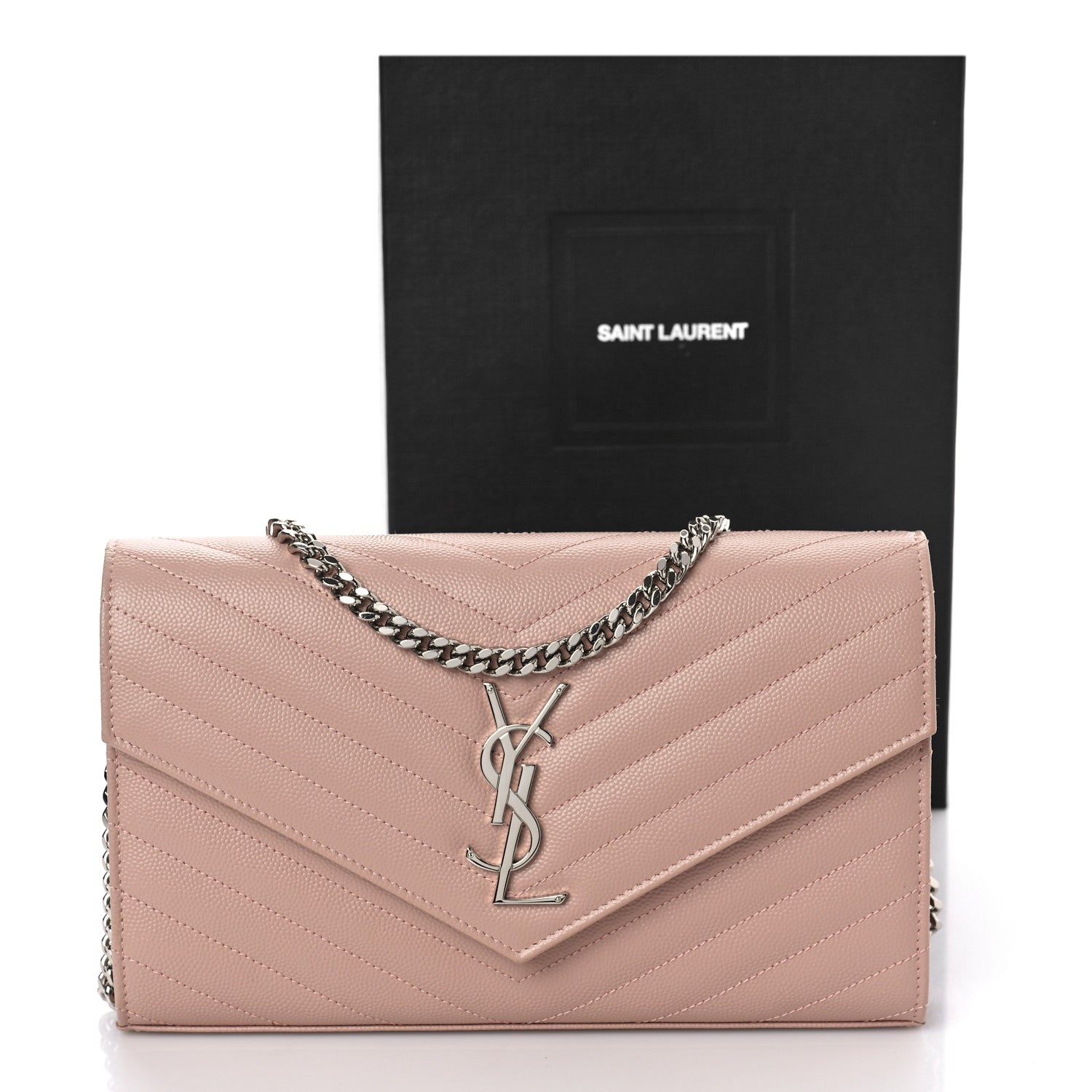 Saint Laurent Grain De Poudre Matelasse Chevron Monogram Chain Wallet Pale Pink 9 of 9
