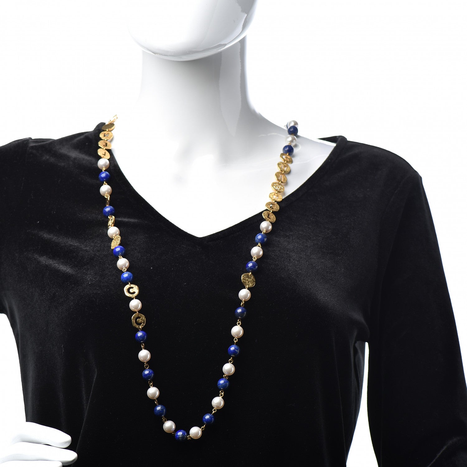 Chanel Pearl Beaded CC Long Necklace Gold Blue 2 of 4