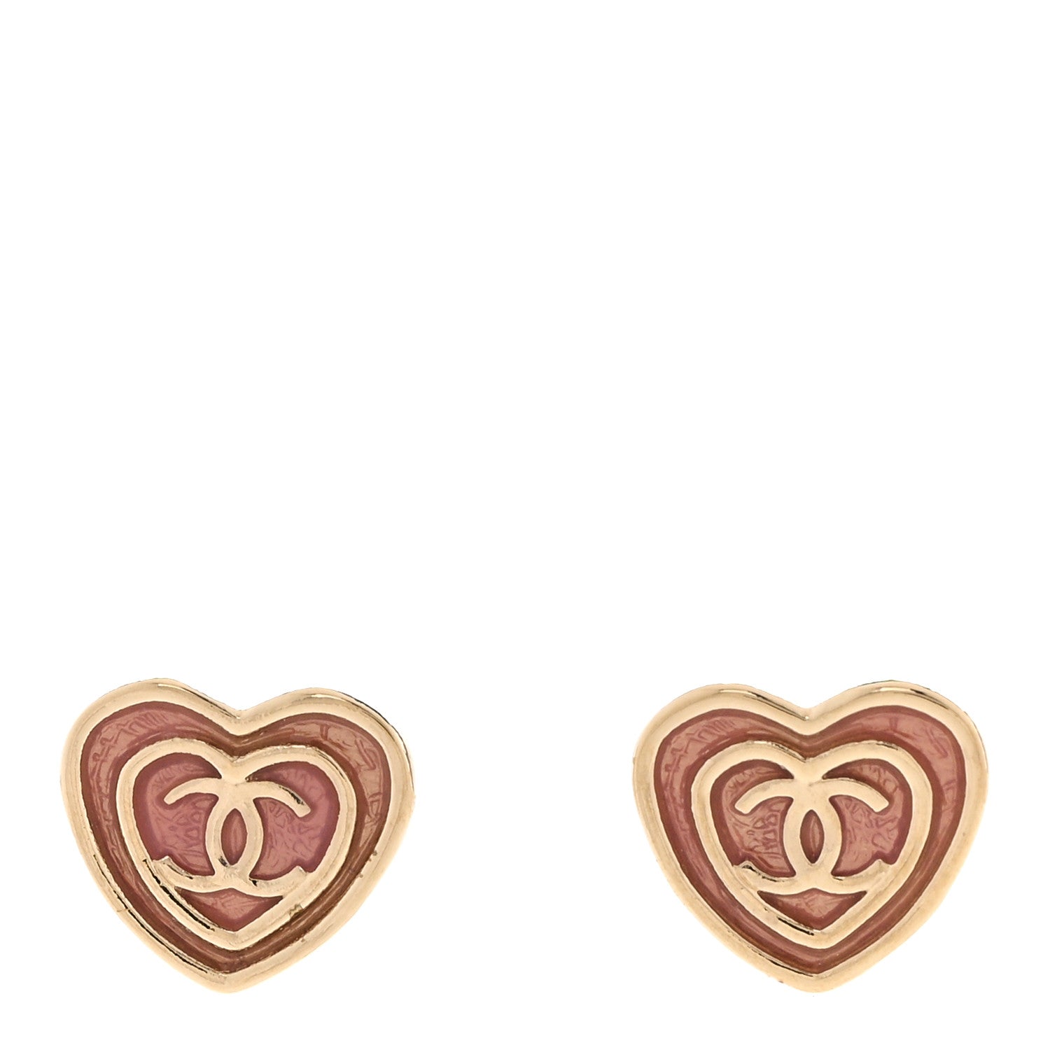 Chanel Crystal CC Resin Heart Earrings Gold Pink White 1 of 5