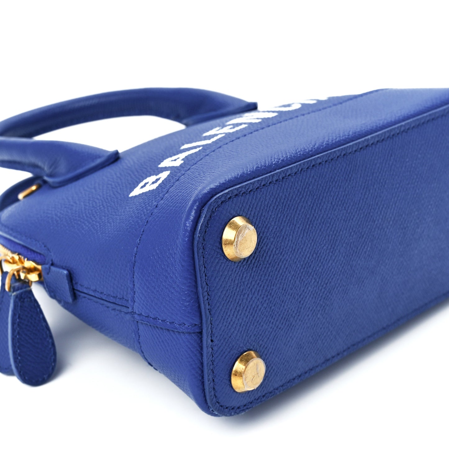 Signature Grained Calfskin Logo XXS Ville Top Handle Bag Bleu Roi White