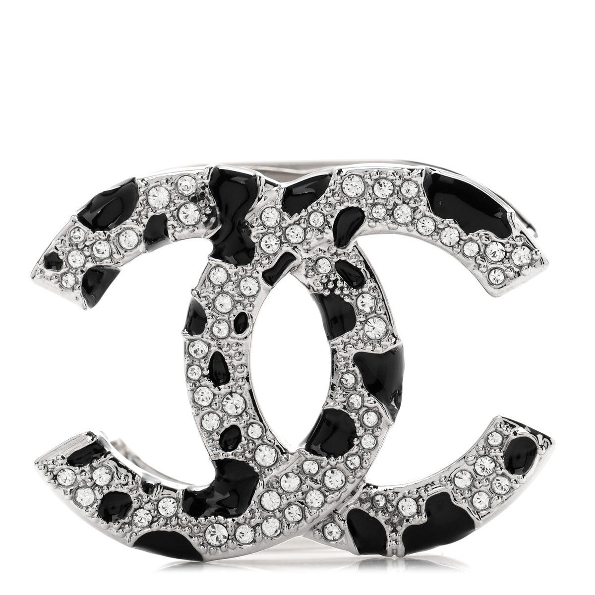Chanel Metal Resin Strass Crystal CC Scarf Ring Silver Black 1 of 5
