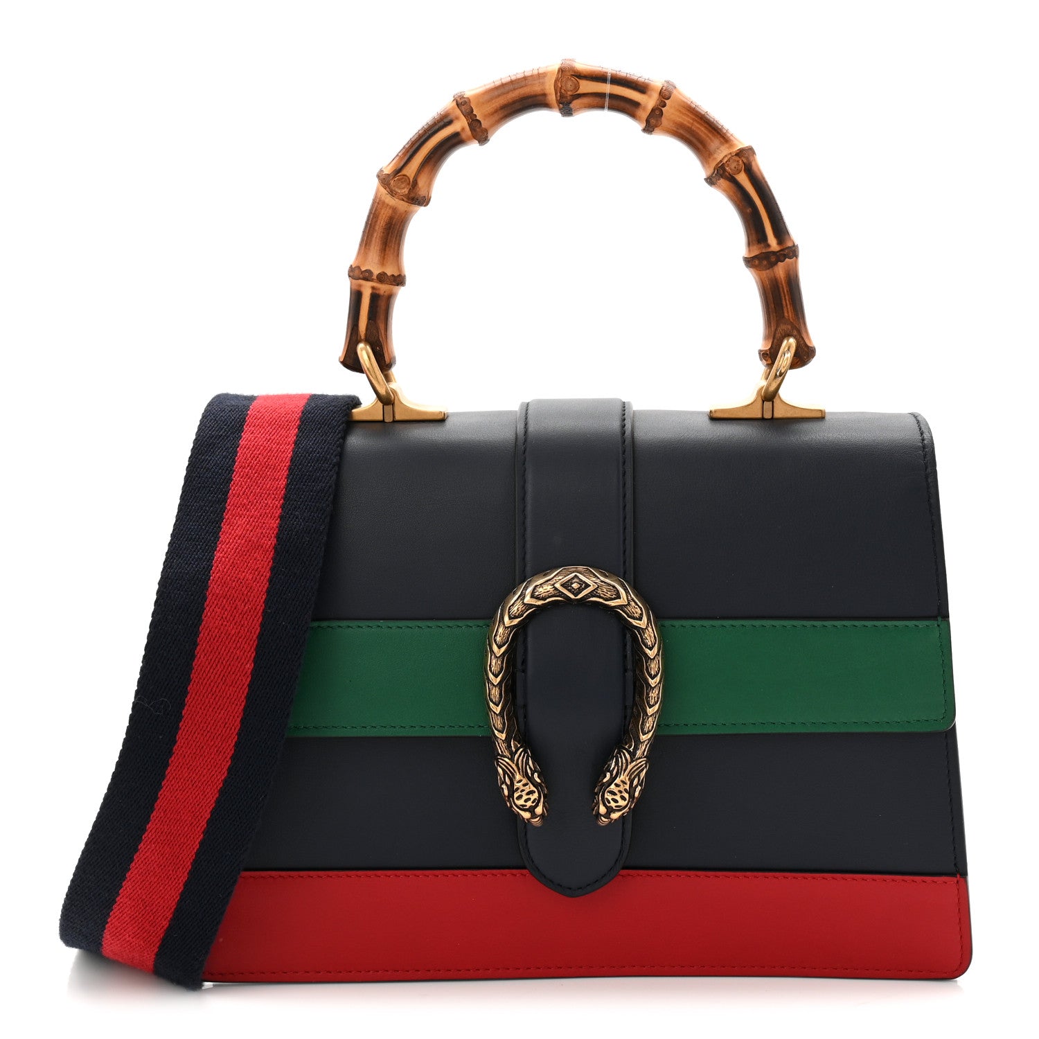 Gucci Moon Calfskin Web Medium Dionysus Bamboo Top Handle Bag Black Bright Evergreen Hibiscus Red 1 of 11