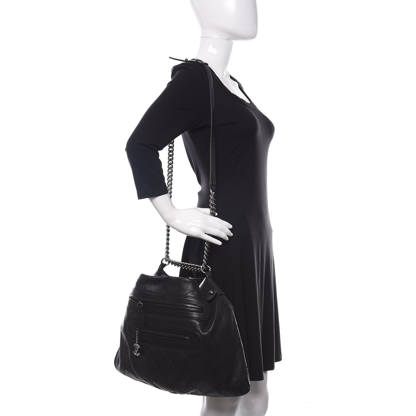 Calfskin Stitched Double Zip Hobo Black