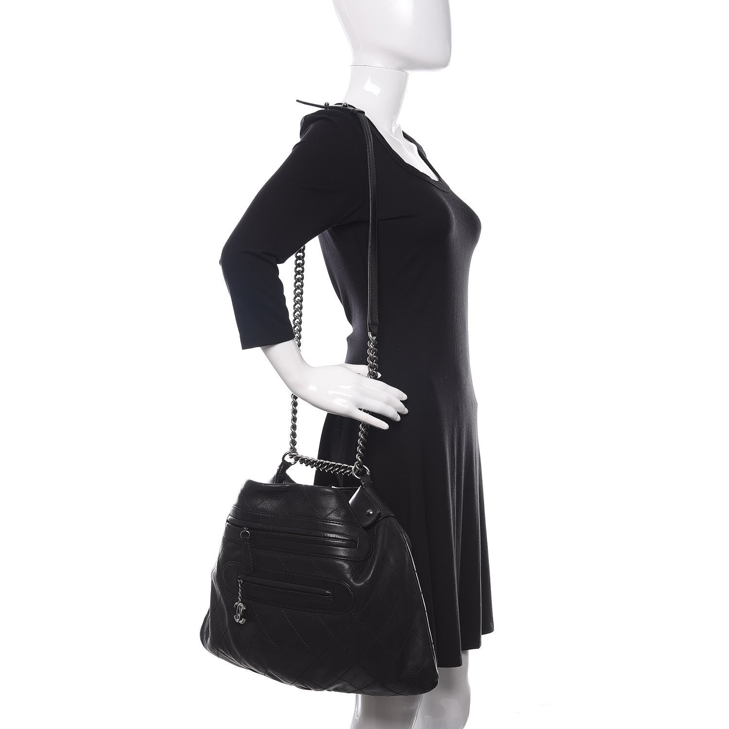 Chanel Calfskin Stitched Double Zip Hobo Black 2 of 12