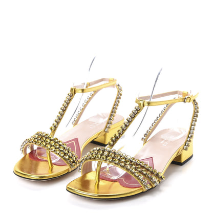 Gucci Nappa Silk Crystal Bertie T-Strap Low Heel Sandals 36.5 Gold 3 of 9