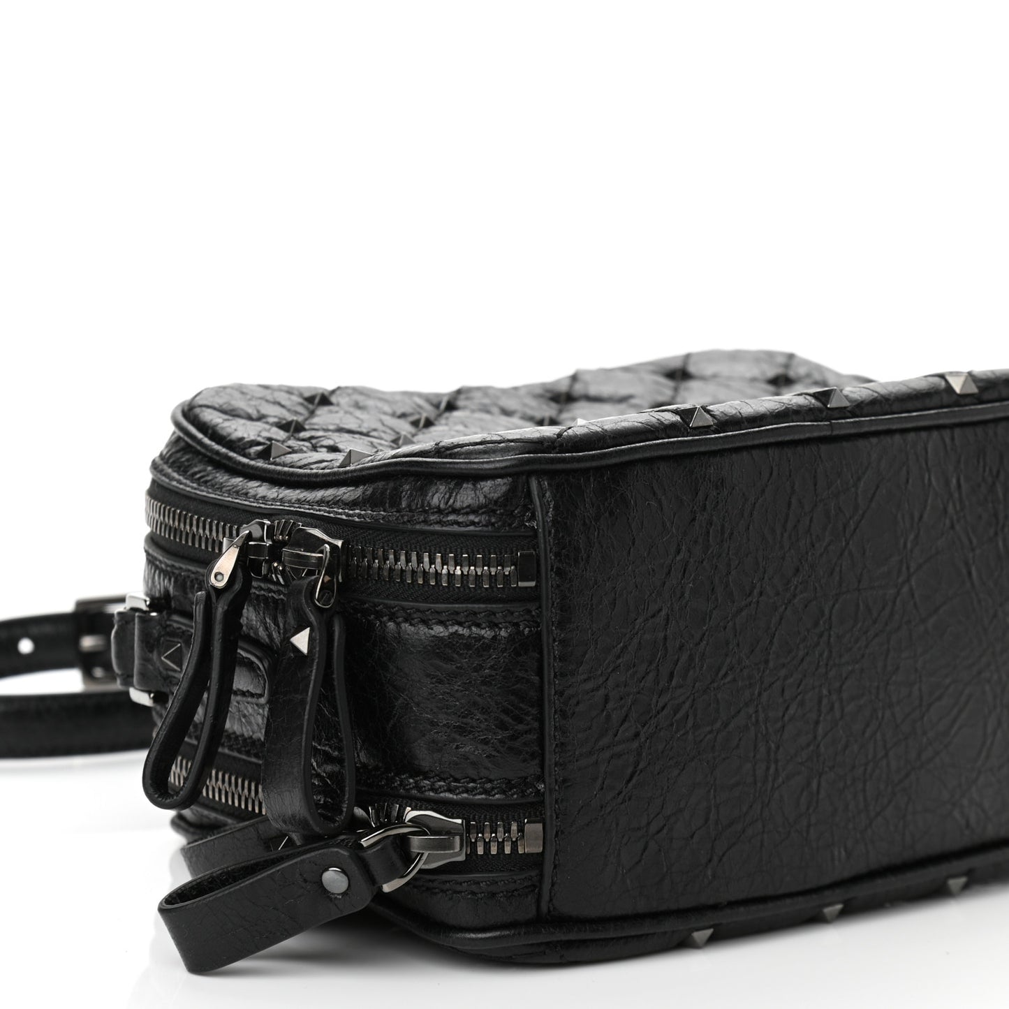 Craquele Nappa Rockstud Spike Double Zip Camera Crossbody Bag Black