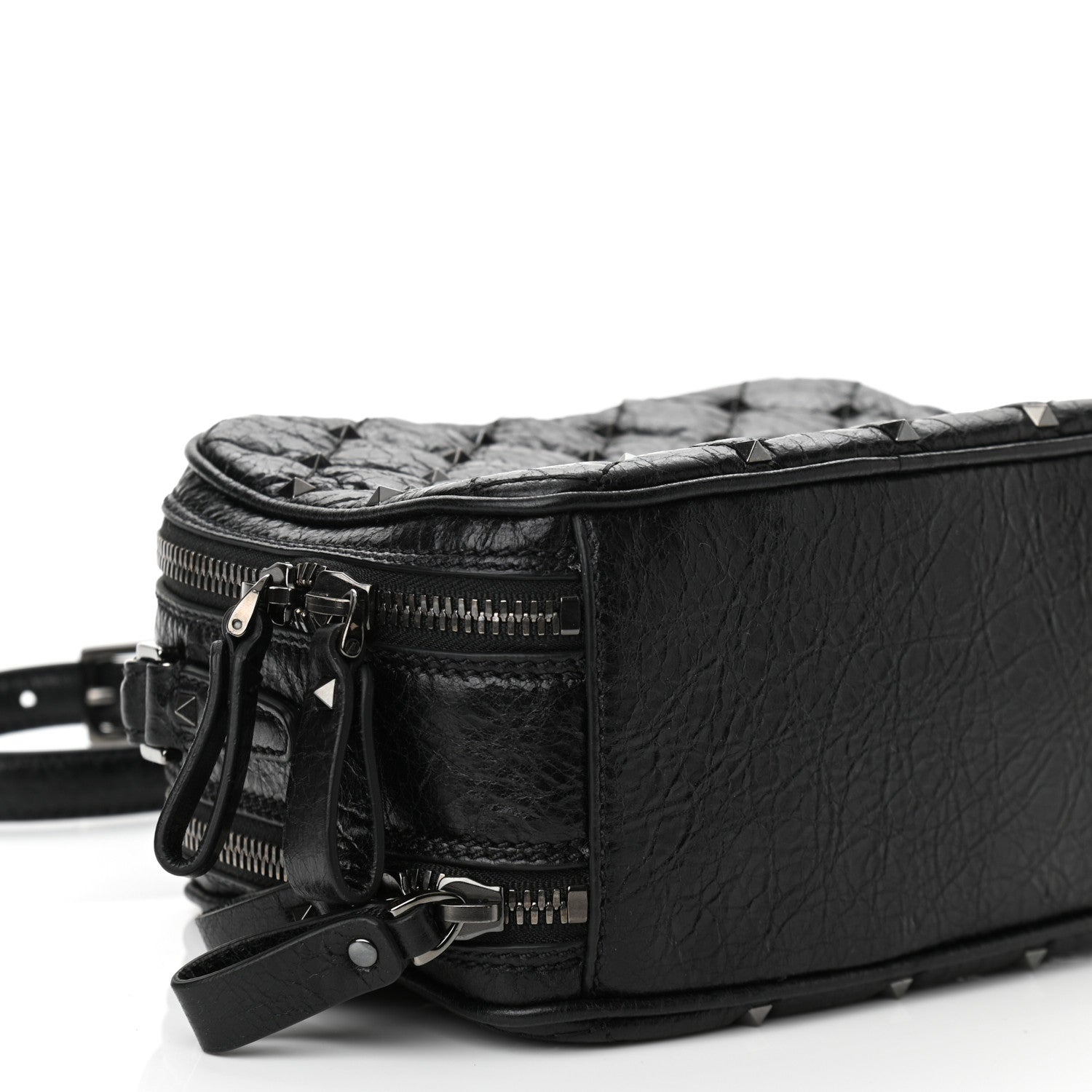 Valentino Garavani Craquele Nappa Rockstud Spike Double Zip Camera Crossbody Bag Black 7 of 9