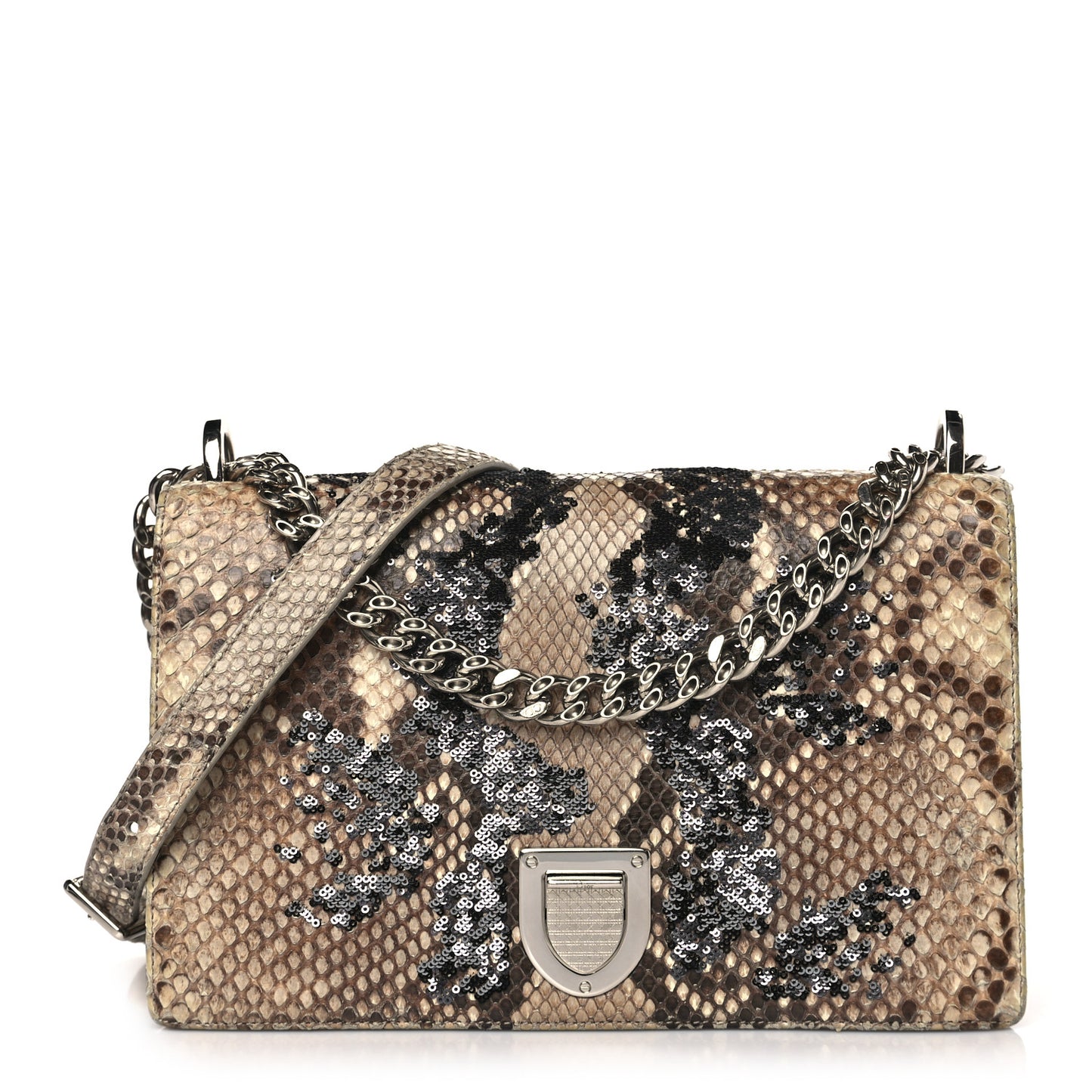 Snakeskin Sequin Embellished Medium Diorama Flap Bag Beige Multicolor