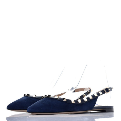 Valentino Garavani Suede Nappa Rockstud Slingback Flats 36.5 Marine 3 of 10