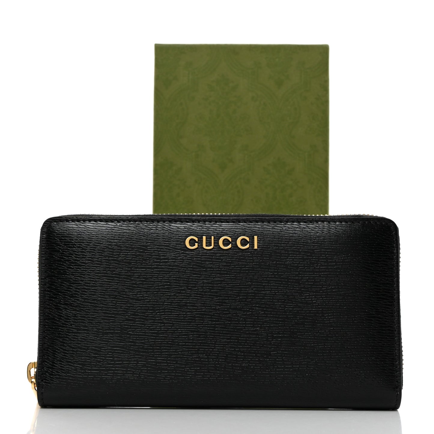 Textured Calfskin Gucci Script Zip Around Wallet Black