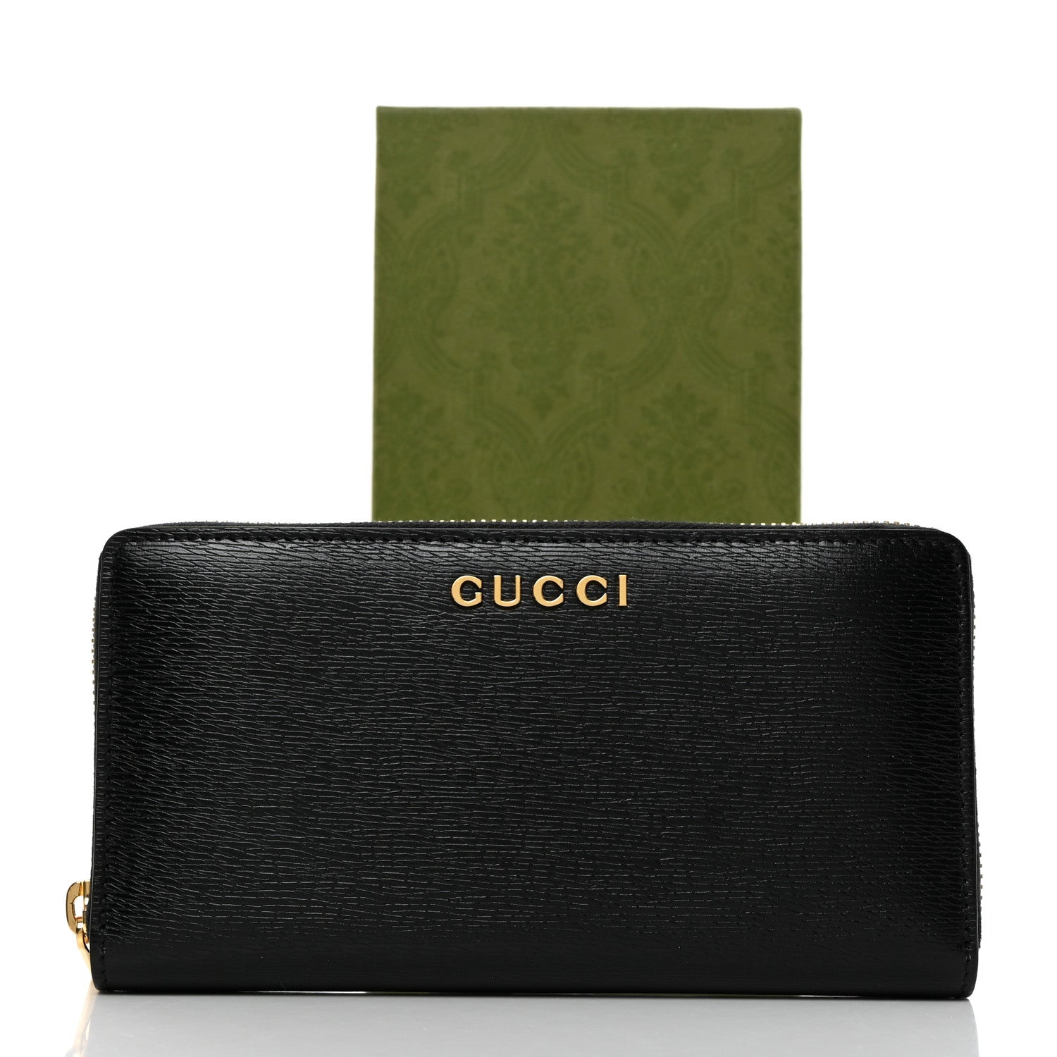 Gucci Textured Calfskin Gucci Script Zip Around Wallet Black 2 of 8