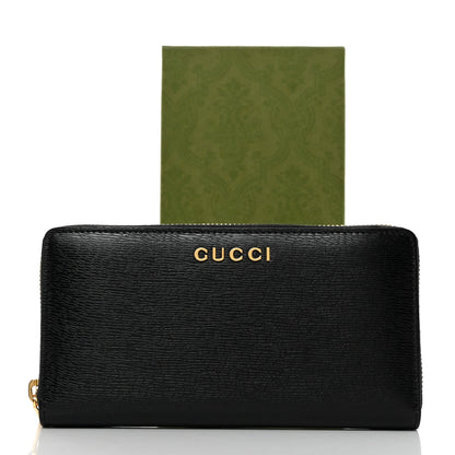 Gucci Textured Calfskin Gucci Script Zip Around Wallet Black 2 of 8