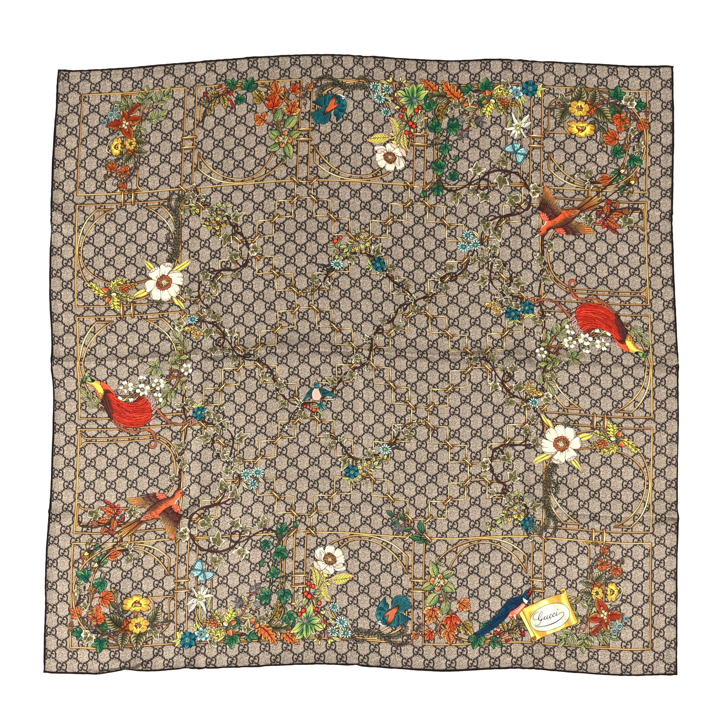 Gucci Silk Twill GG Monogram Animal Floral Print Scarf Brown Multicolor 1 of 4