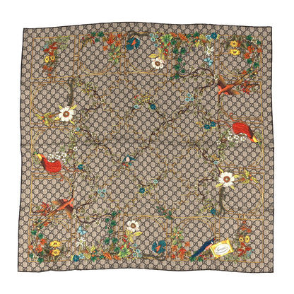 Gucci Silk Twill GG Monogram Animal Floral Print Scarf Brown Multicolor 1 of 4