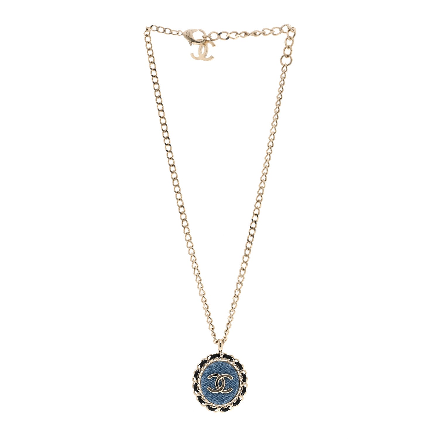 Chanel Denim CC Pendant Necklace Gold Blue Black 3 of 6