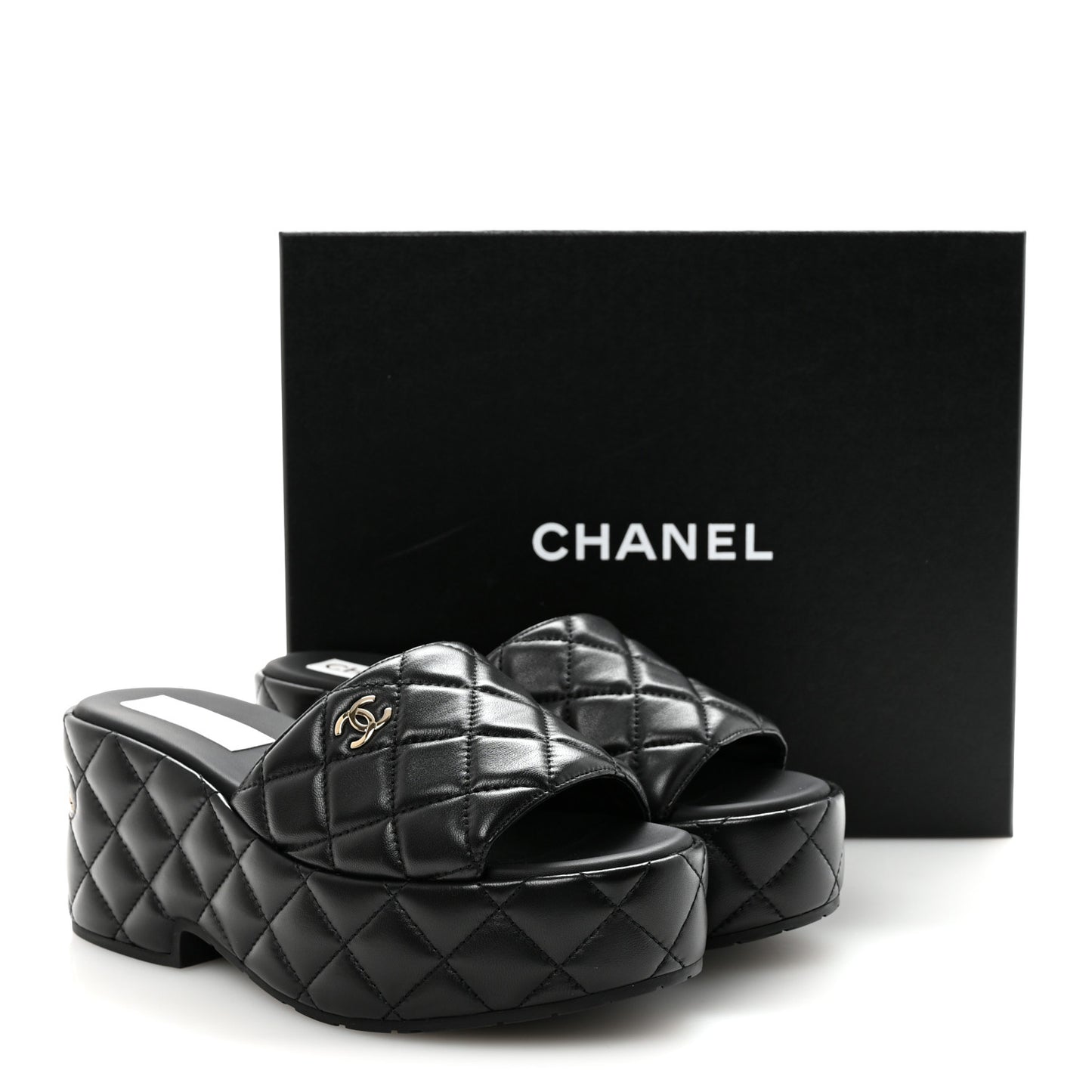 Lambskin Quilted CC Mules Wedge Sandals 39 Black