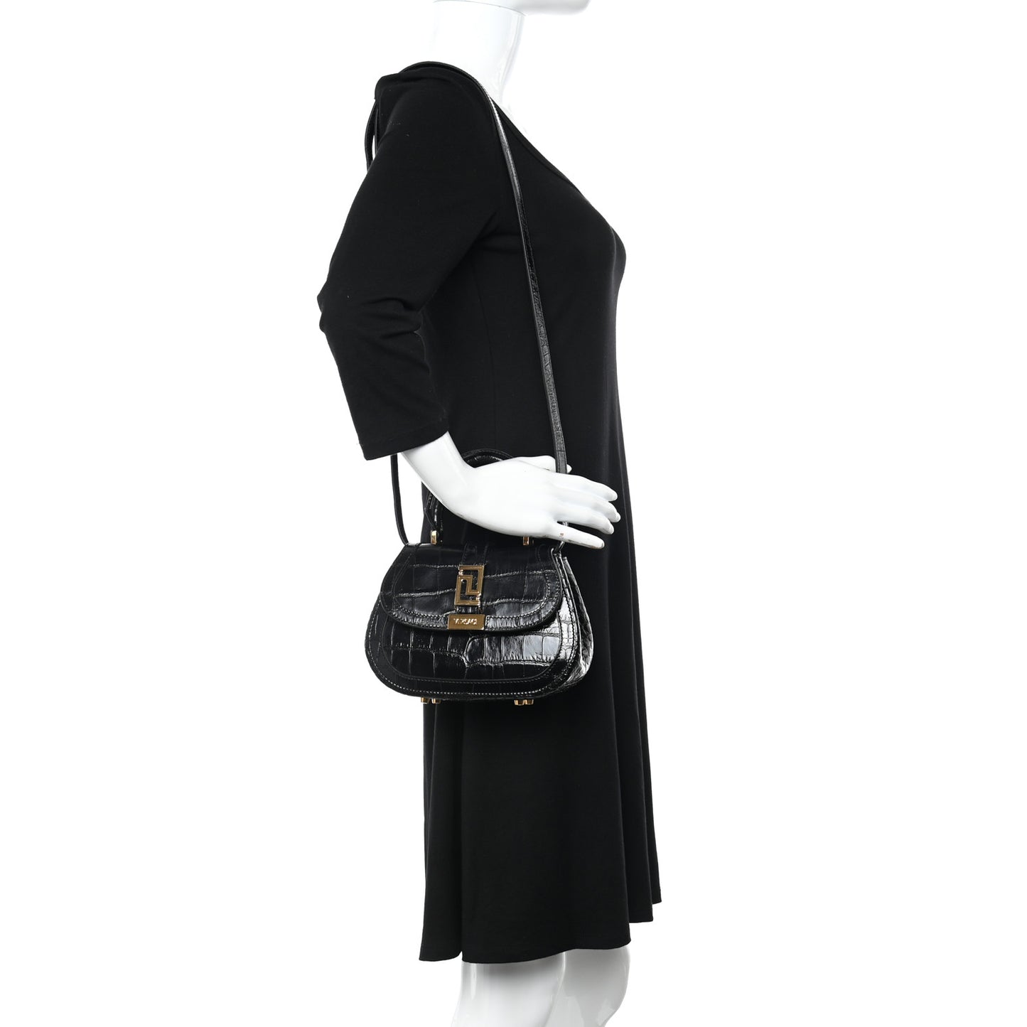 Calfskin Crocodile Embossed Greca Goddess Mini Top Handle Bag Black