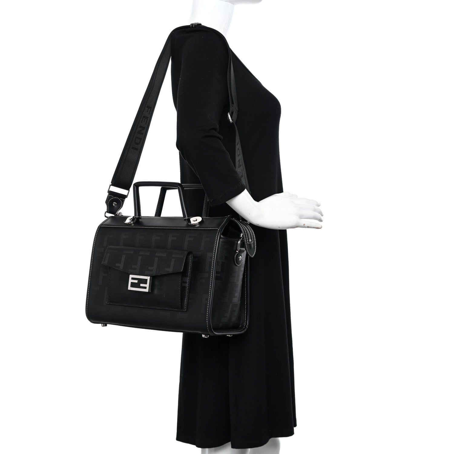 Fendi Vitello King FF Lines Embossed Large Soft Trunk Bag Black 2 of 14