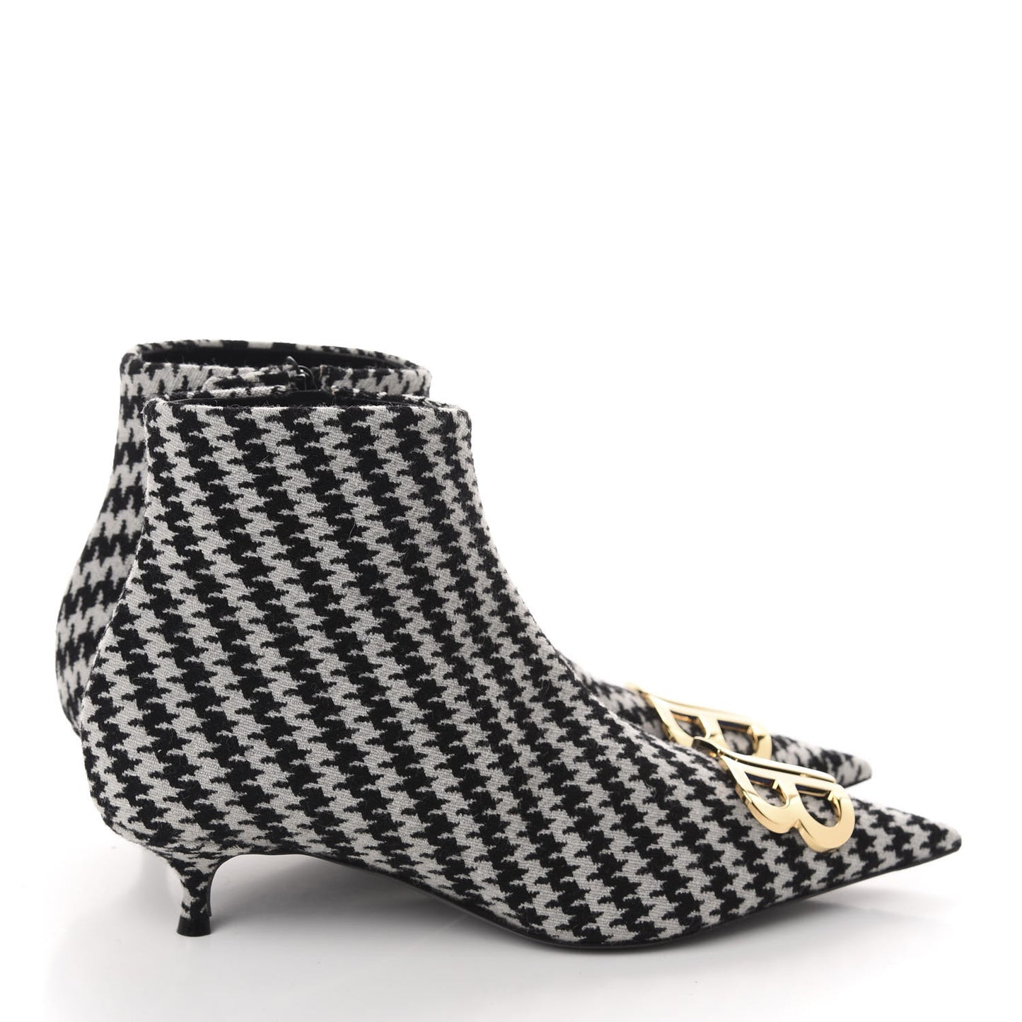 Wool Houndstooth BB Pointy Toe Ankle Booties 41 Black Ivory