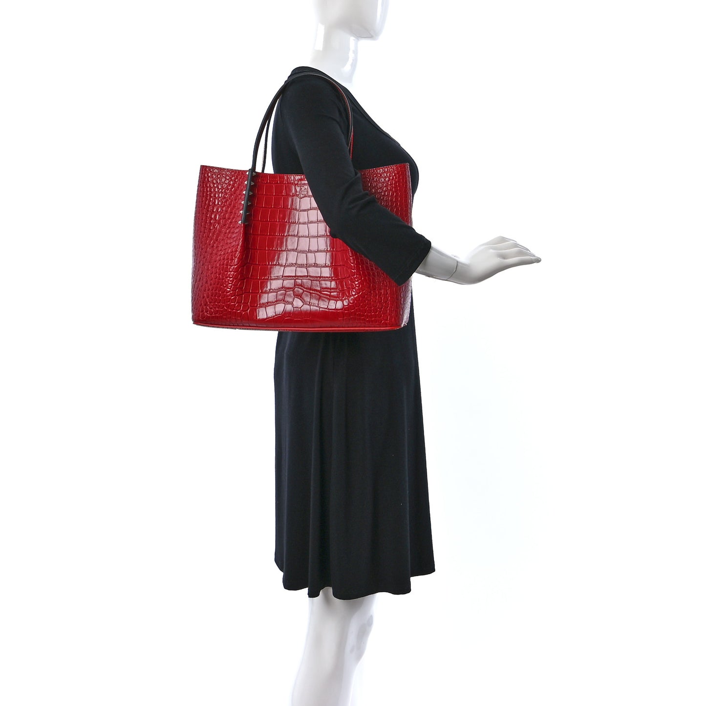 Crocodile Embossed Calfskin Spiked Small Cabarock Shopper Tote Red