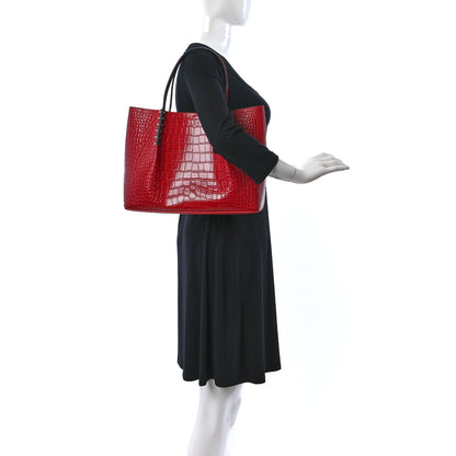Christian Louboutin Crocodile Embossed Calfskin Spiked Small Cabarock Shopper Tote Red 3 of 12