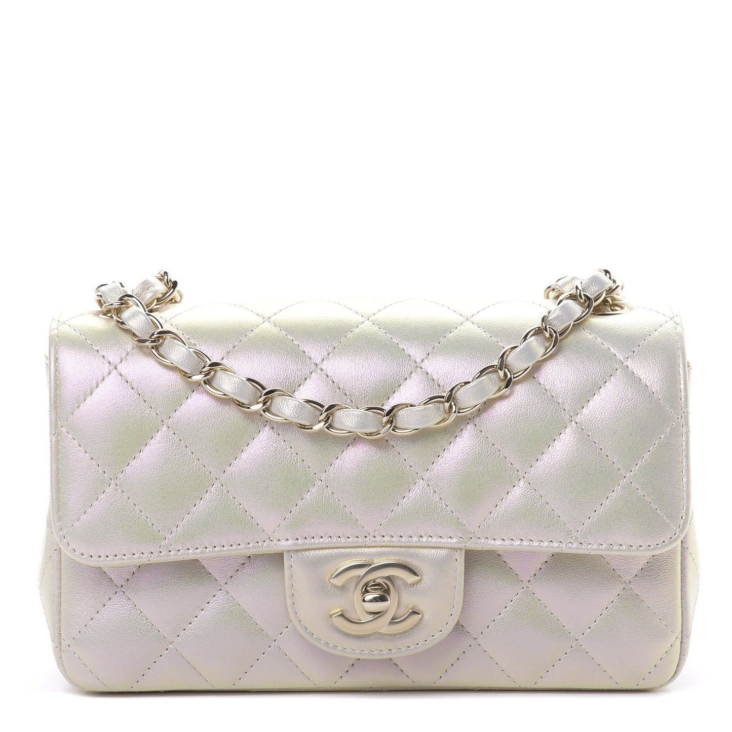 Iridescent Lambskin Quilted Mini Rectangular Flap Ivory
