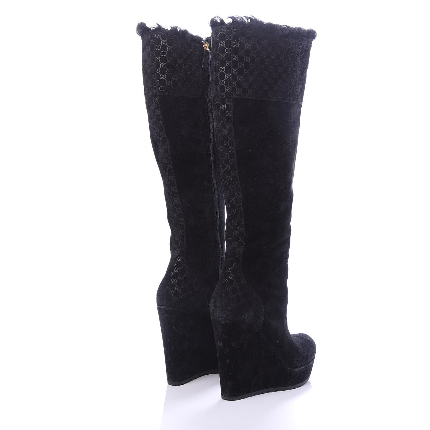 Suede Shearling Fur Microguccissima Courtney Tall Wedge Boots 38.5 Black