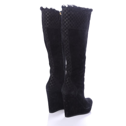 Gucci Suede Shearling Fur Microguccissima Courtney Tall Wedge Boots 38.5 Black 4 of 7