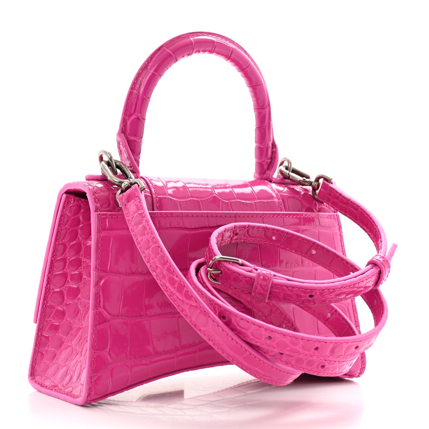Balenciaga Shiny Calfskin Crocodile Embossed Hourglass Top Handle Bag XS Lipstick Pink 3 of 15