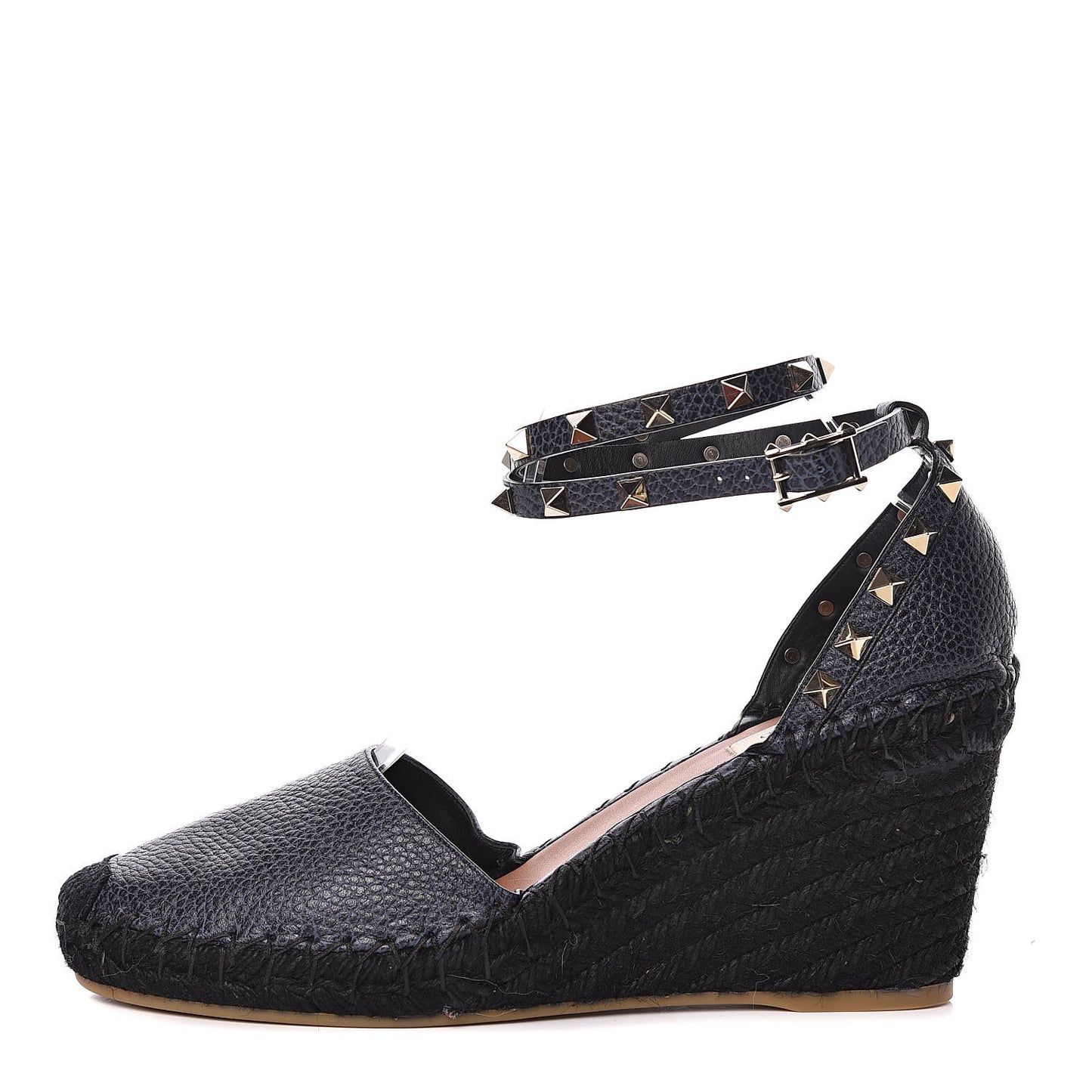 Grained Calfskin Rockstud Ankle Wrap Espadrille 15/85mm Wedges 41 Deep Denim
