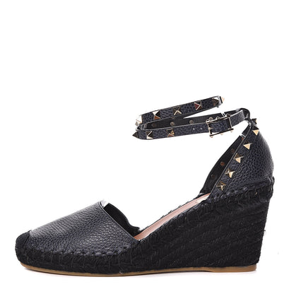 Valentino Garavani Grained Calfskin Rockstud Ankle Wrap Espadrille 15/85mm Wedges 41 Deep Denim 1 of 10