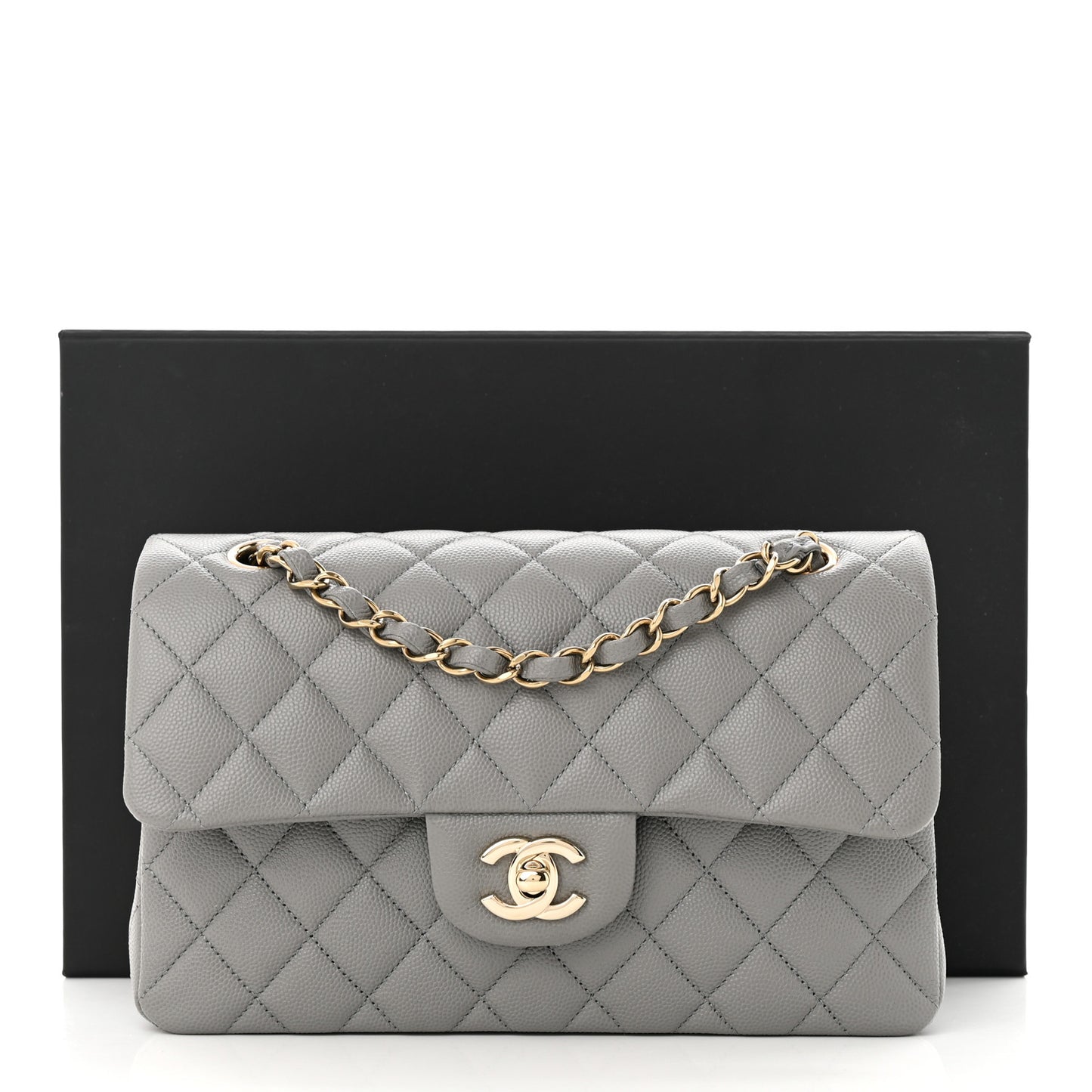 Caviar Quilted Small Double Flap Grey