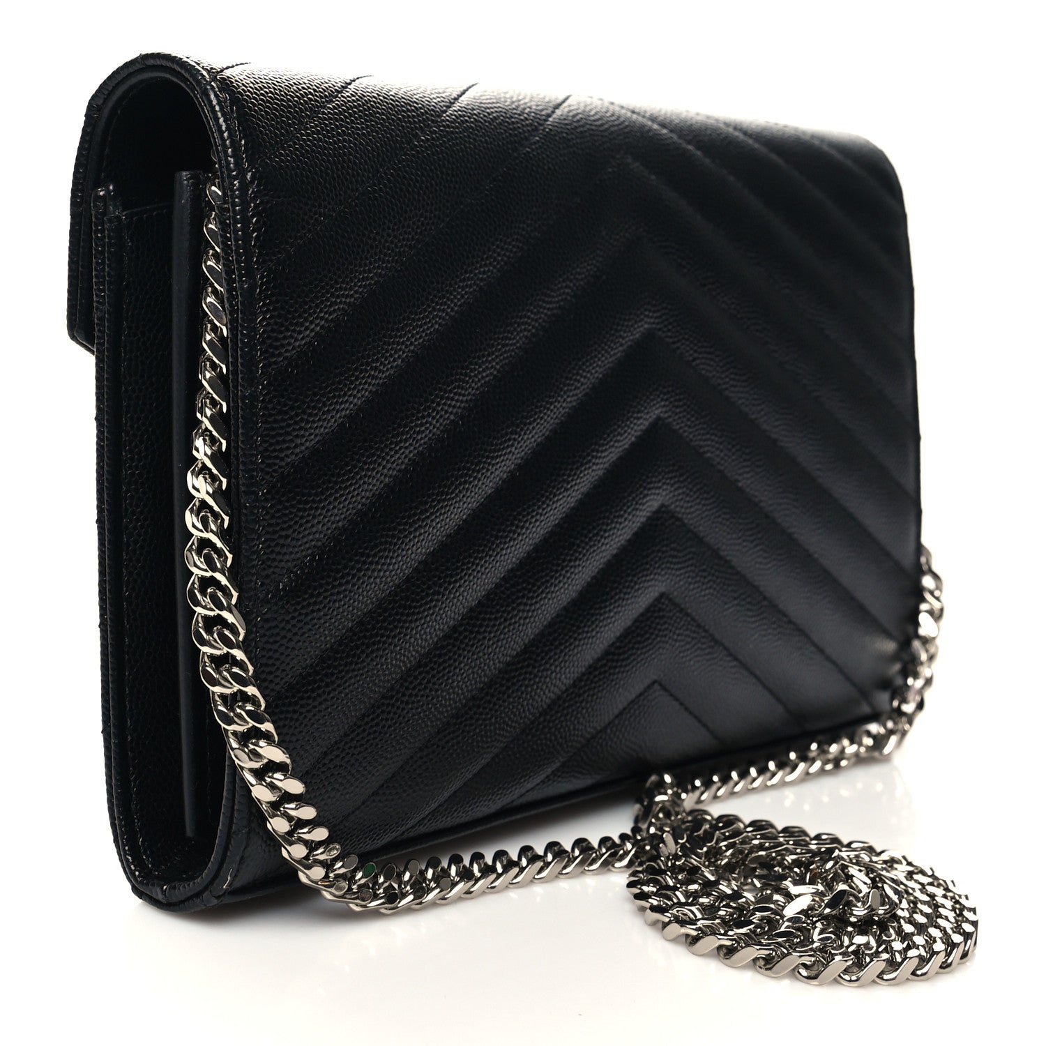 Saint Laurent Grain De Poudre Matelasse Chevron Monogram Chain Wallet Black 4 of 11