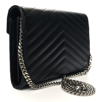 Saint Laurent Grain De Poudre Matelasse Chevron Monogram Chain Wallet Black 4 of 11
