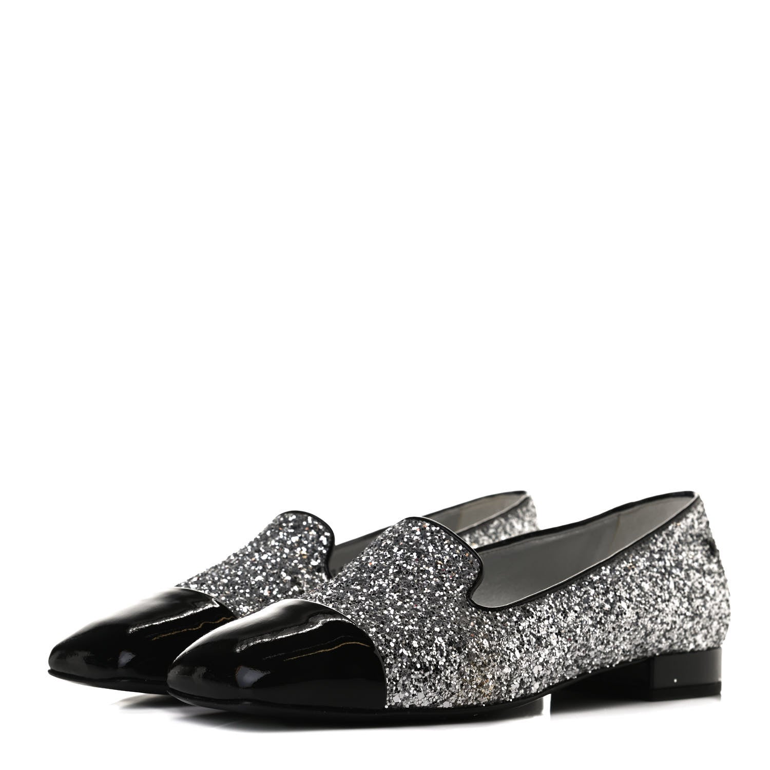 Chanel Glitter Fabric Patent Calfskin Mocassin Loafers 36.5 Black Silver 3 of 12