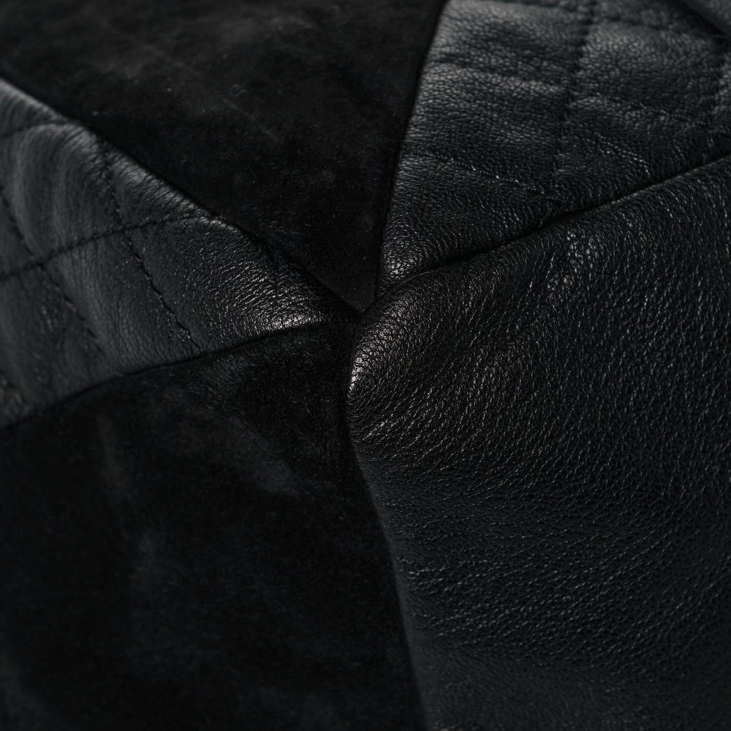 Goatskin Suede Calfskin Quilted Patchwork Drawstring Bag Black