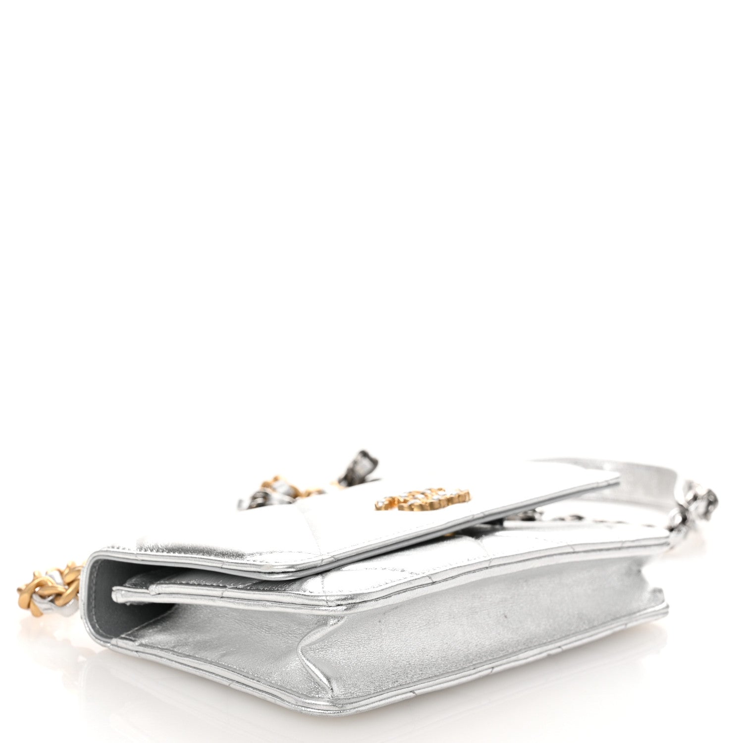 Chanel Metallic Lambskin Quilted Chanel 19 Wallet On Chain WOC Silver 4 of 11