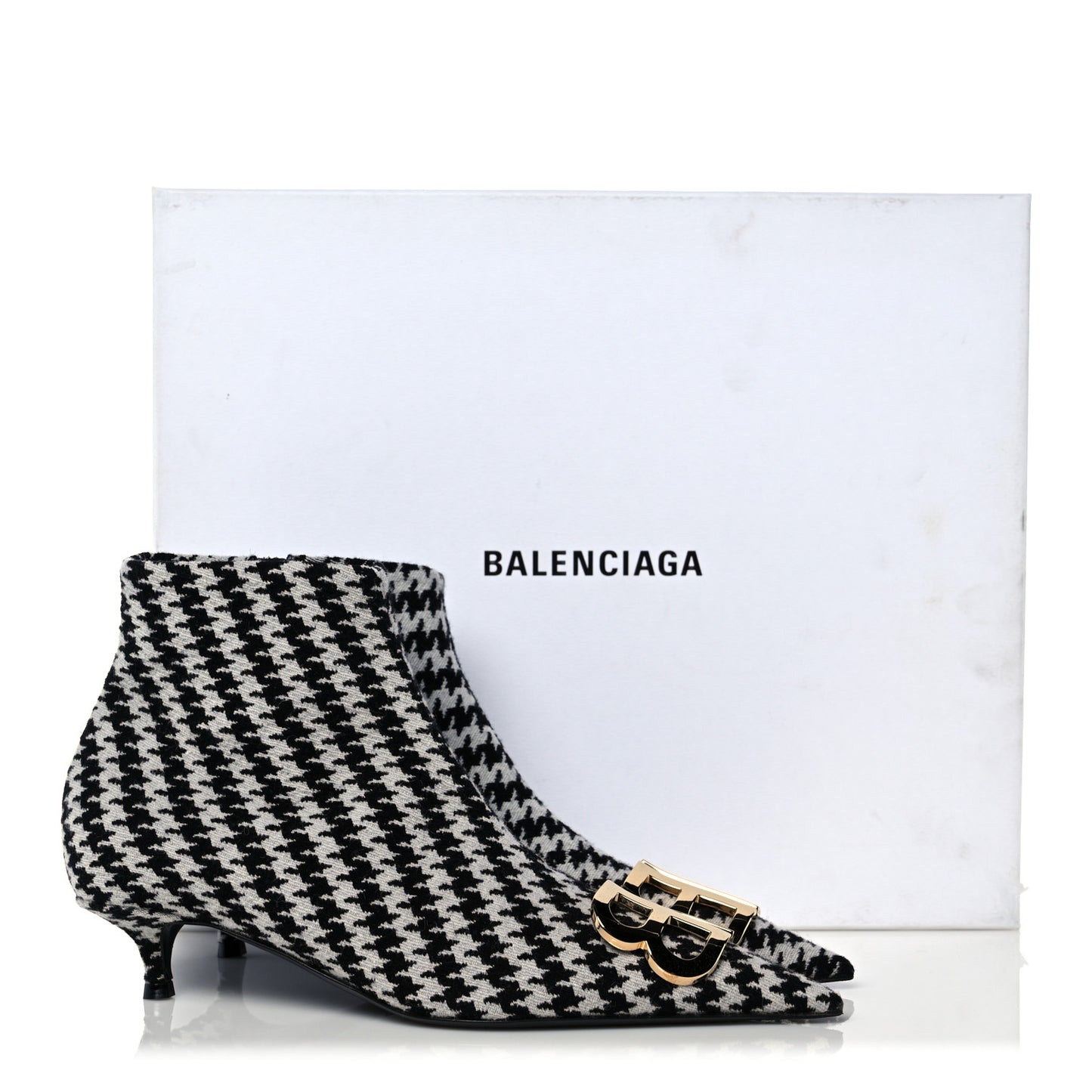 Wool Houndstooth BB Pointy Toe Ankle Booties 36 Black Ivory