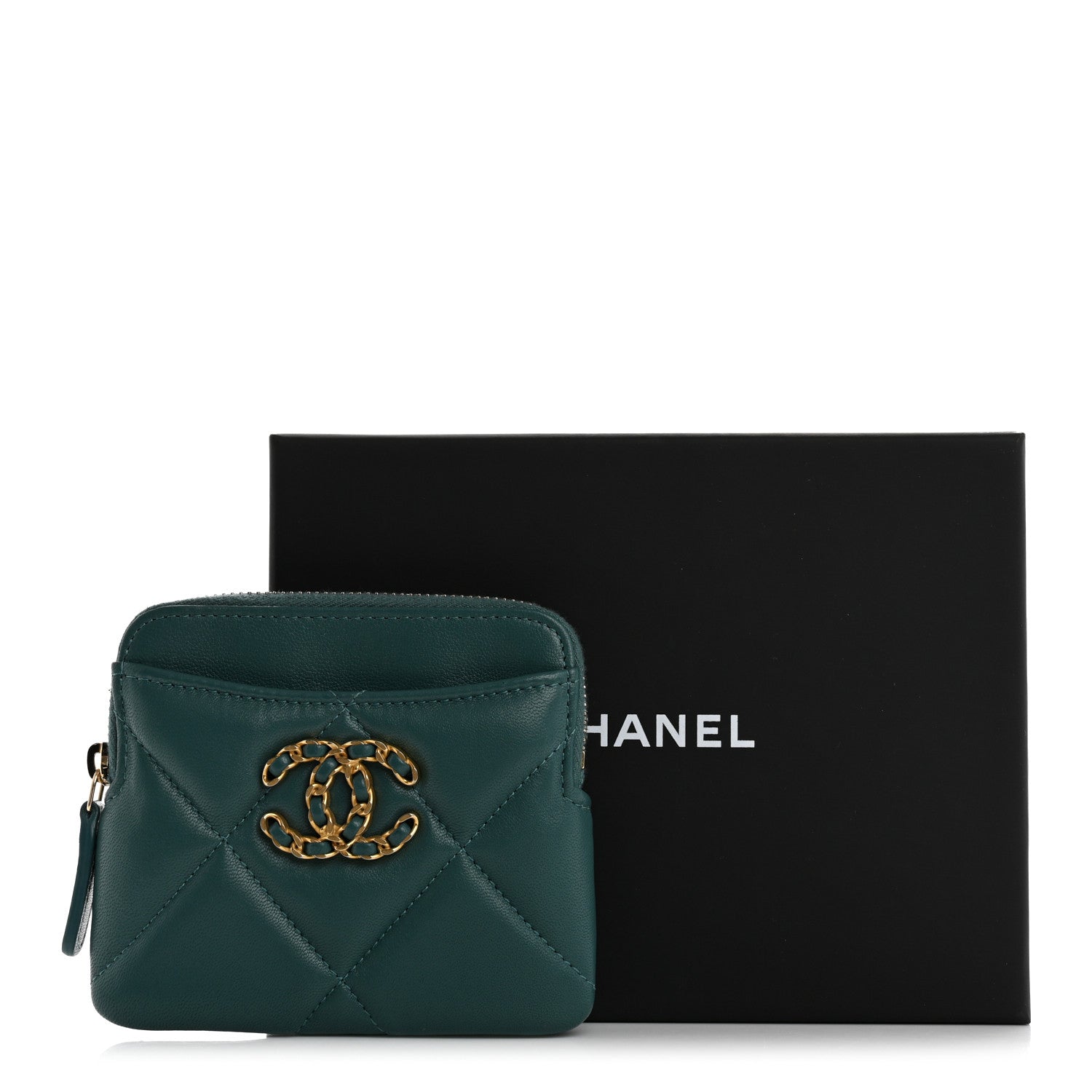 Chanel Lambskin Quilted Chanel 19 Zip Card Holder Wallet Dark Green 9 of 9