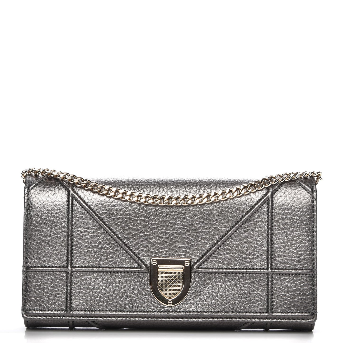 Metallic Grained Calfskin Diorama Croisiere Chain Wallet Gunmetal Grey