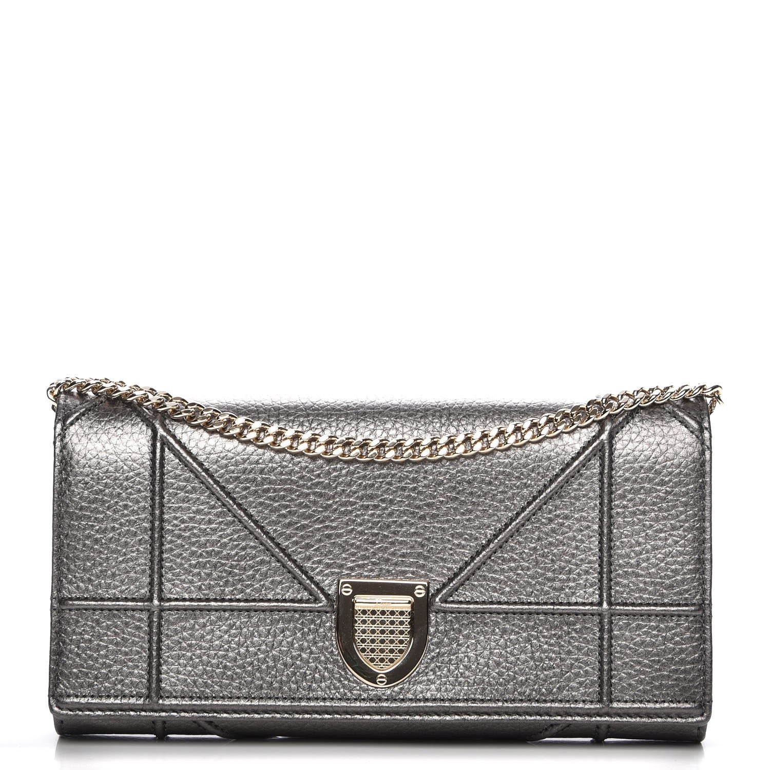Christian Dior Metallic Grained Calfskin Diorama Croisiere Chain Wallet Gunmetal Grey 1 of 7