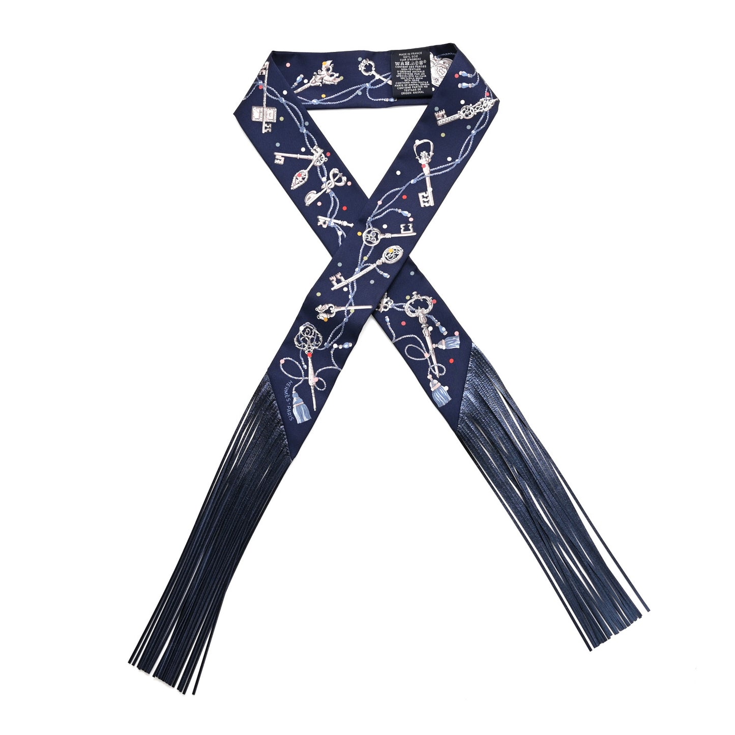 Silk Metallic Agneau Les Cles A Pois Fringed Twilly Bleu Marine Gris Argent Multicolor