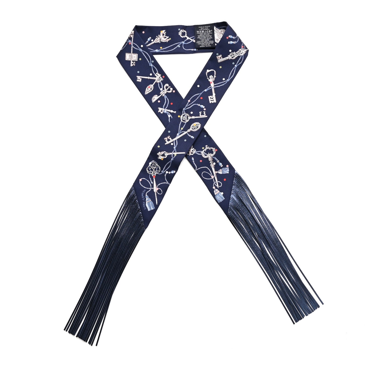 Hermes Silk Metallic Agneau Les Cles A Pois Fringed Twilly Bleu Marine Gris Argent Multicolor 1 of 4