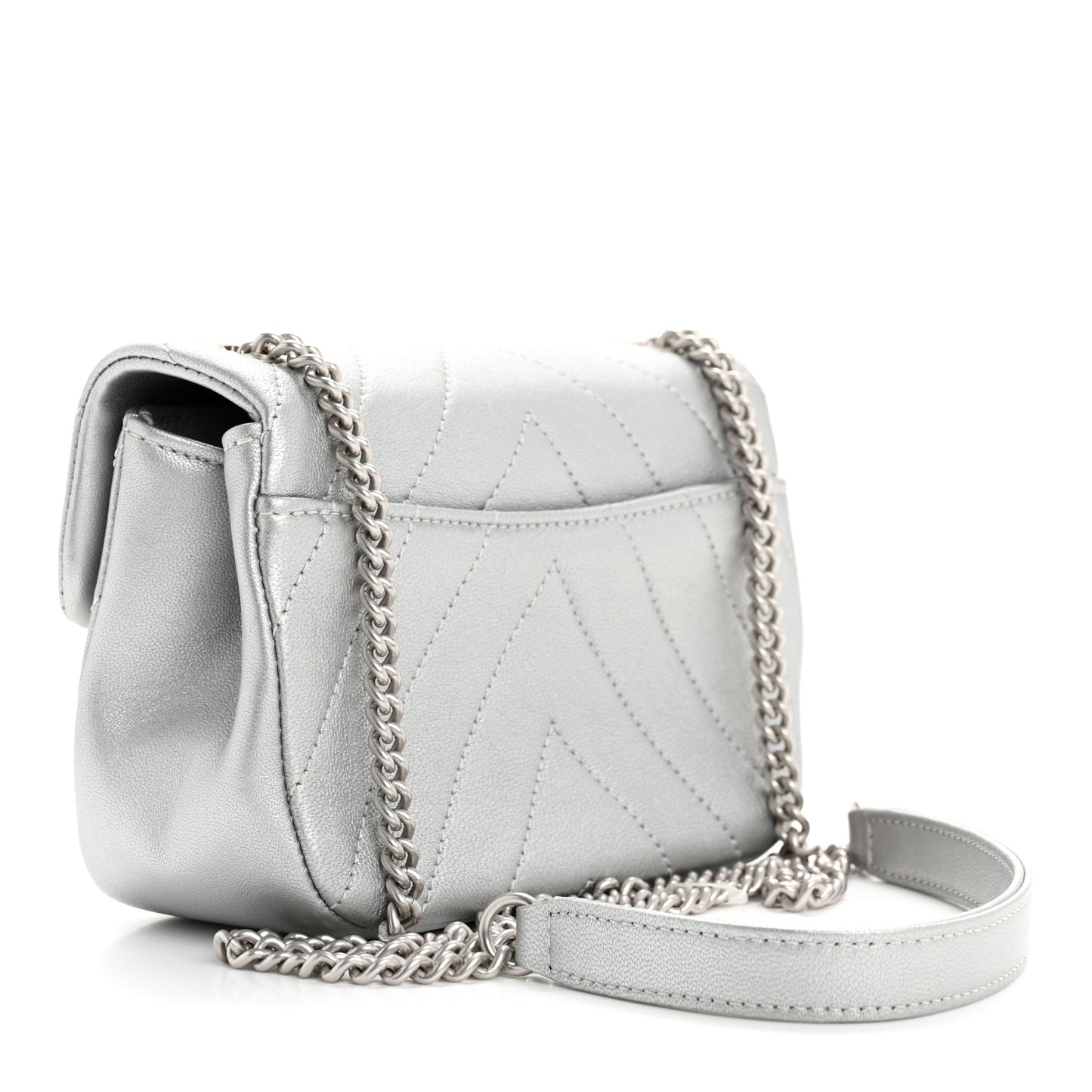 Metallic Lambskin Chevron Quilted Mini Flap Silver