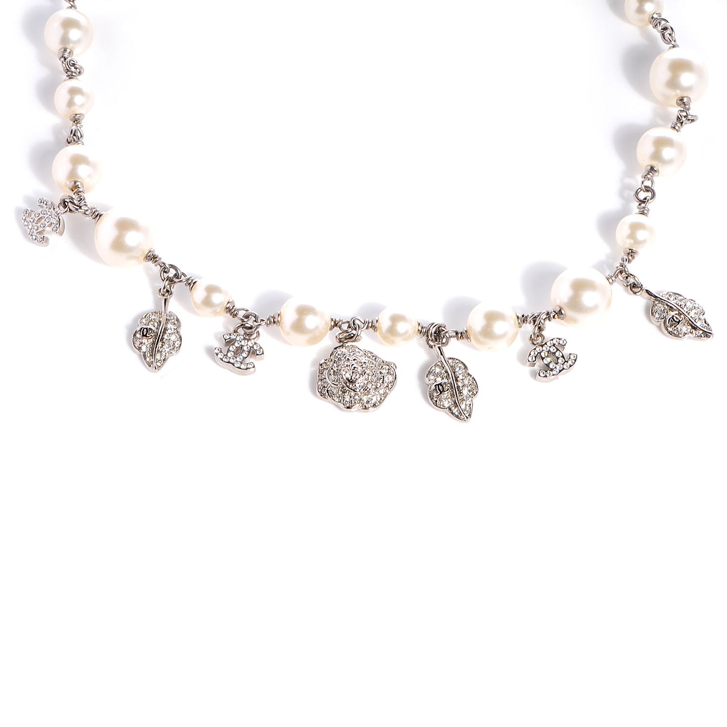 Crystal Pearl CC Camellia Charm Necklace Silver