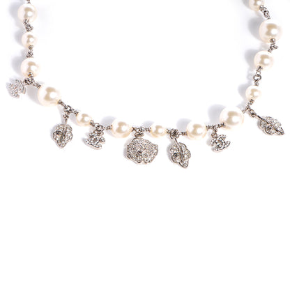 Chanel Crystal Pearl CC Camellia Charm Necklace Silver 3 of 5