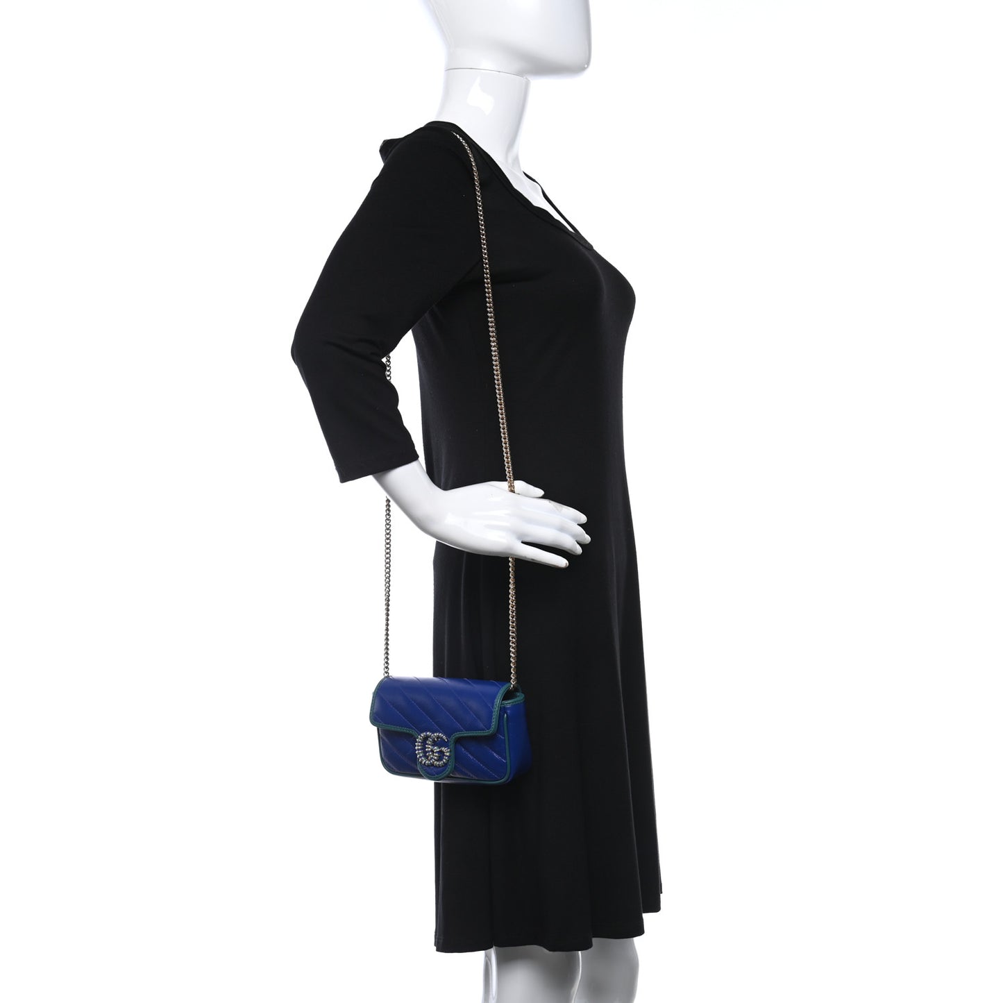 Azalea Calfskin Enamel Matelasse Diagonal Super Mini Torchon GG Marmont Shoulder Bag Imperial Blue Pavone