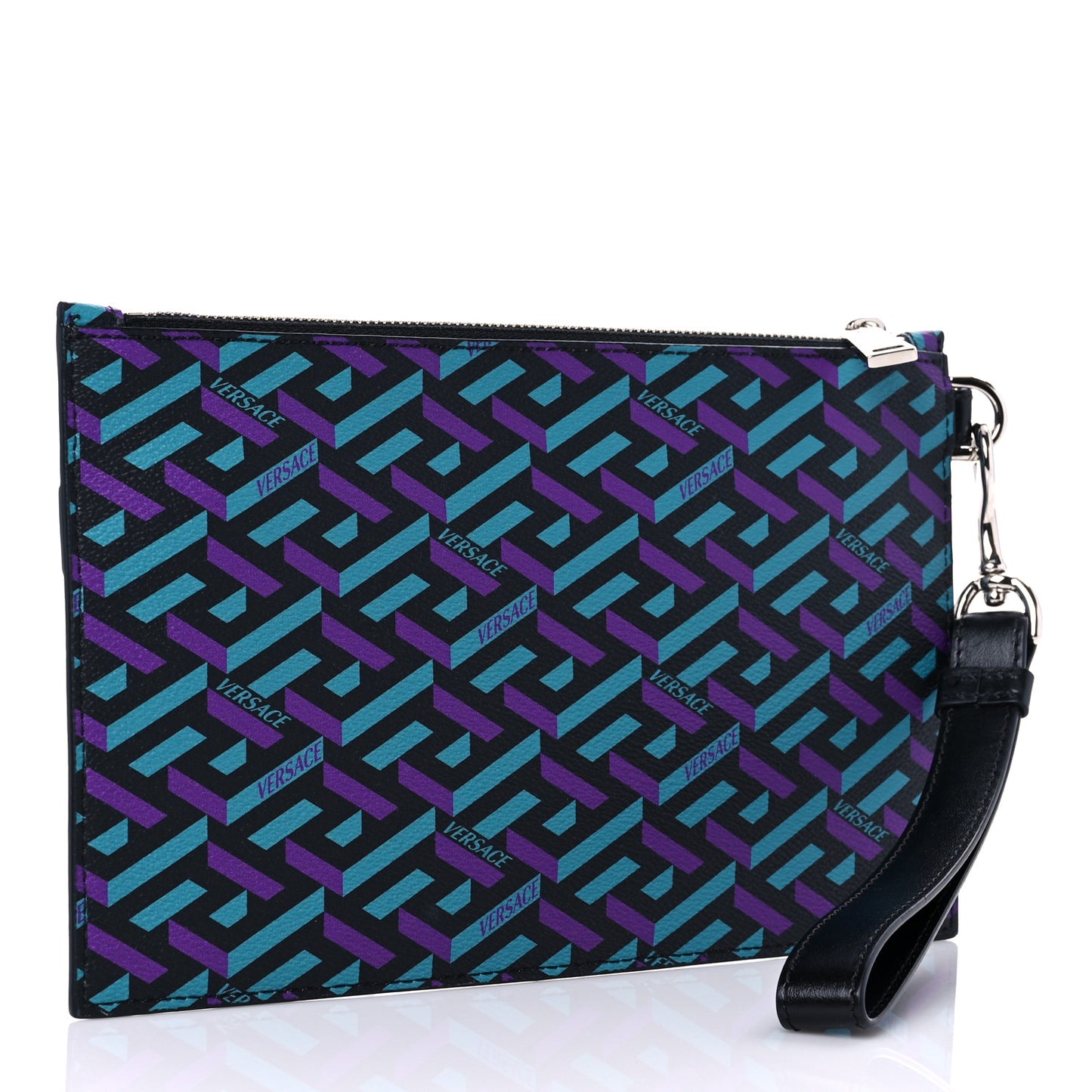 Coated Canvas Calfskin Mens La Greca Zip Pouch Black Blue Purple
