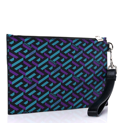 Versace Coated Canvas Calfskin Mens La Greca Zip Pouch Black Blue Purple 3 of 8